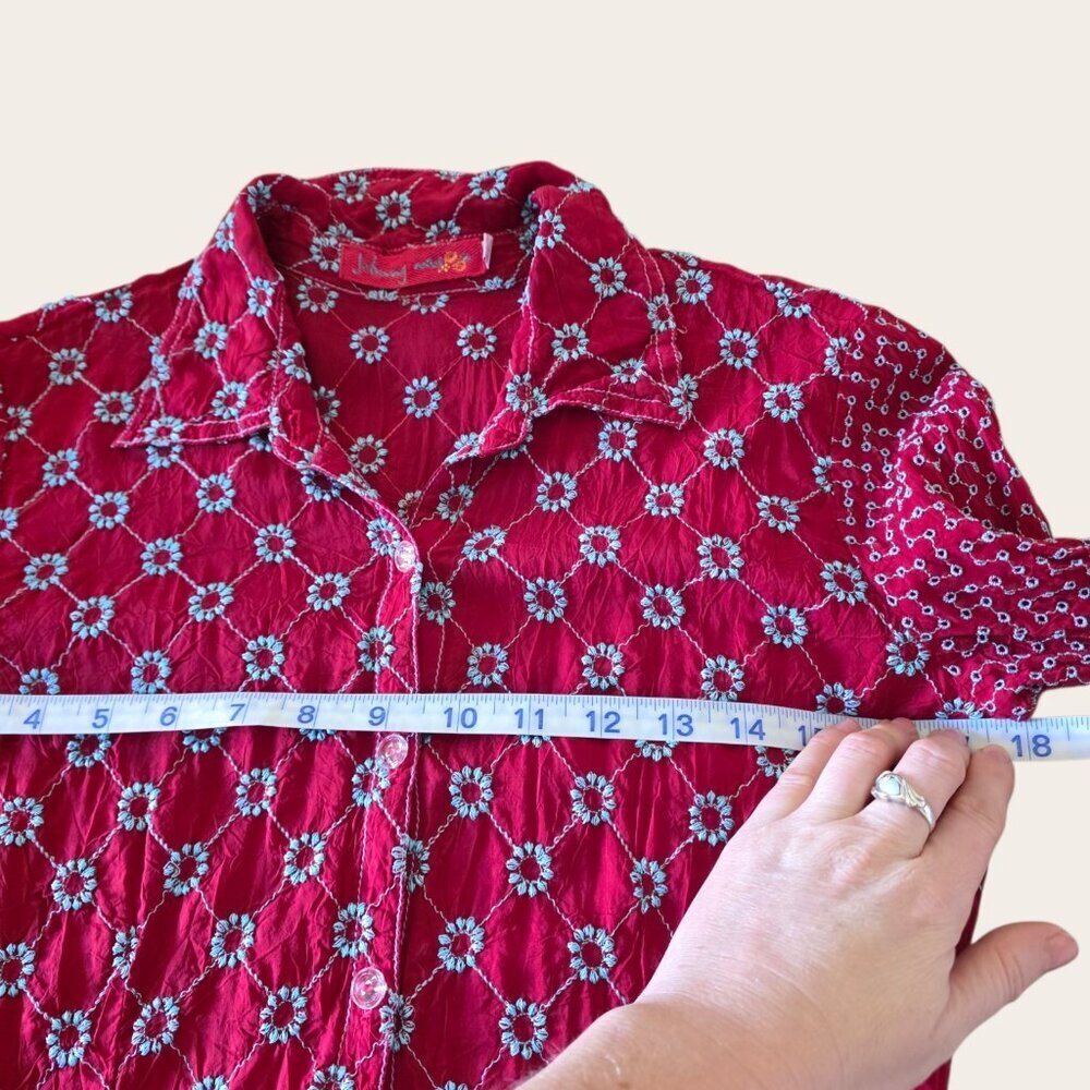 Johnny Was Vintage Embroidered Red Rayon Peasant Blouse Boho Floral Top Tunic XS - Picture 11 of 14